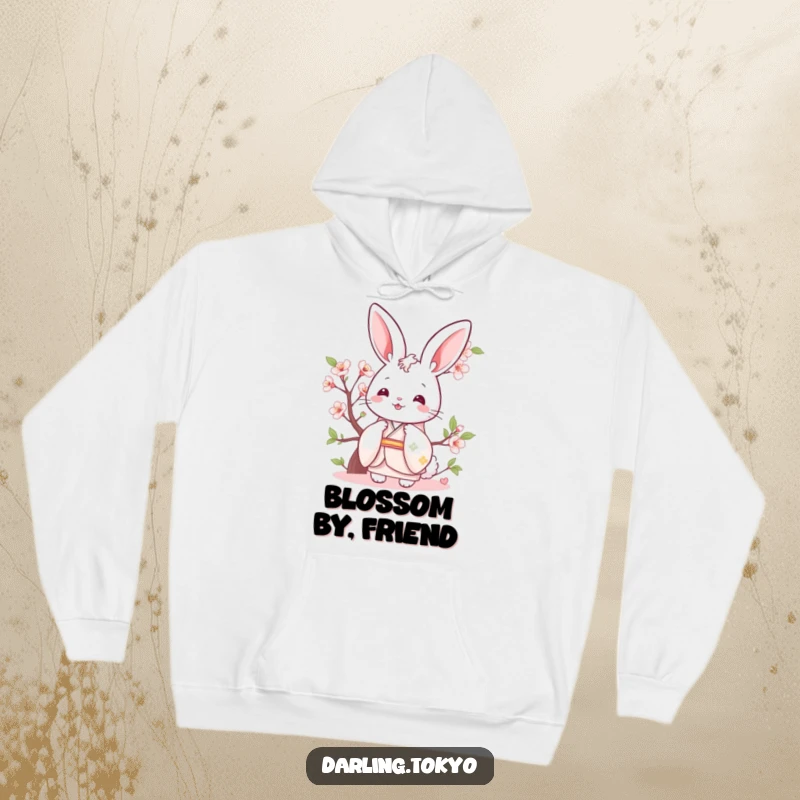 Funny bunny in a pastel kimono peeking from behind a cherry blossom, a humorous and warm hoodie.