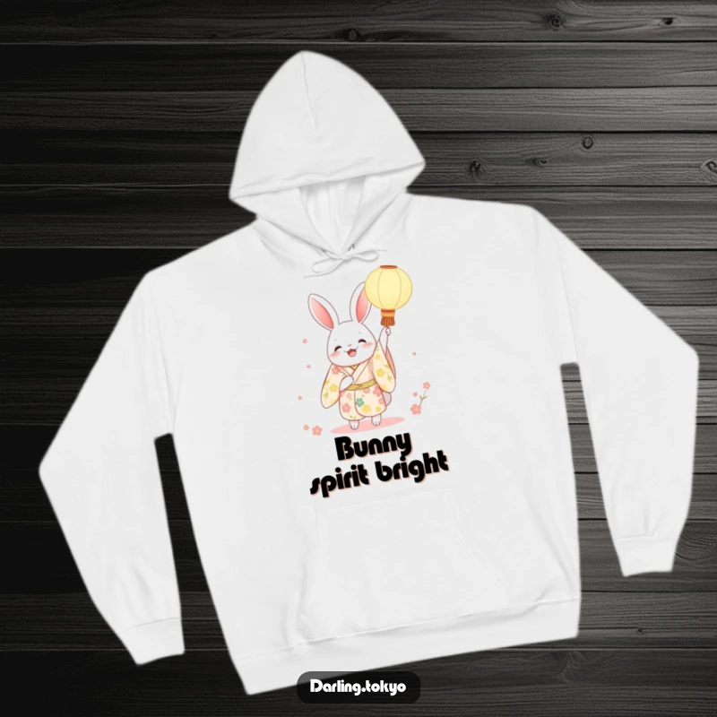 Funny rabbit kimono hoodie with a character joyfully holding a glowing paper lantern, offering cozy warmth and a touch of festive, cultural delight.