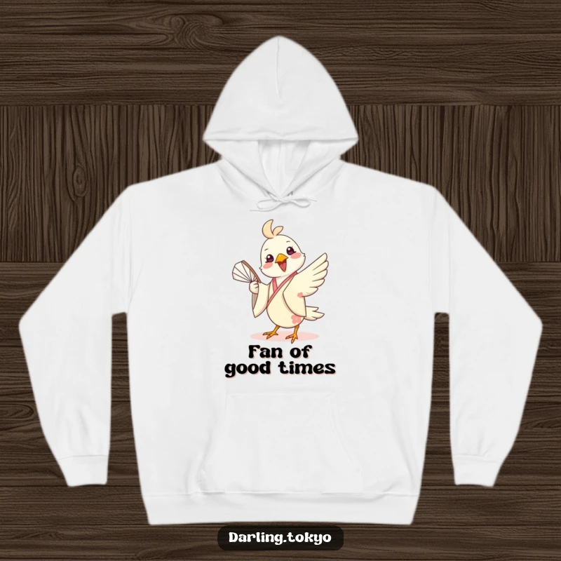 Funny hoodie featuring a cheerful bird in a silk kimono playfully twirling a fan, offering warmth and a dose of playful, humorous charm.