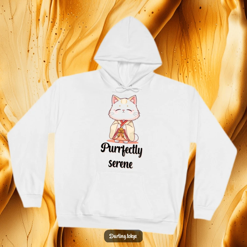 Funny hoodie featuring a fluffy cat in a traditional kimono looking serenely beautiful, offering warmth and a touch of elegant, humorous charm.