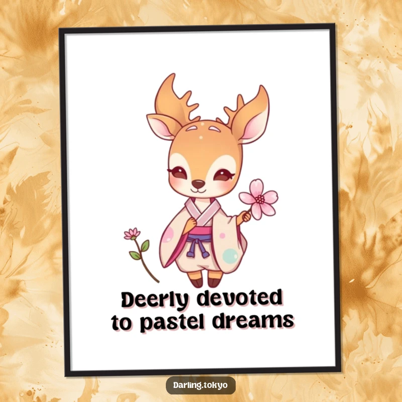 Funny Free Printable Wall Art: Small deer in a pastel kimono holds a delicate flower, adding serene beauty.