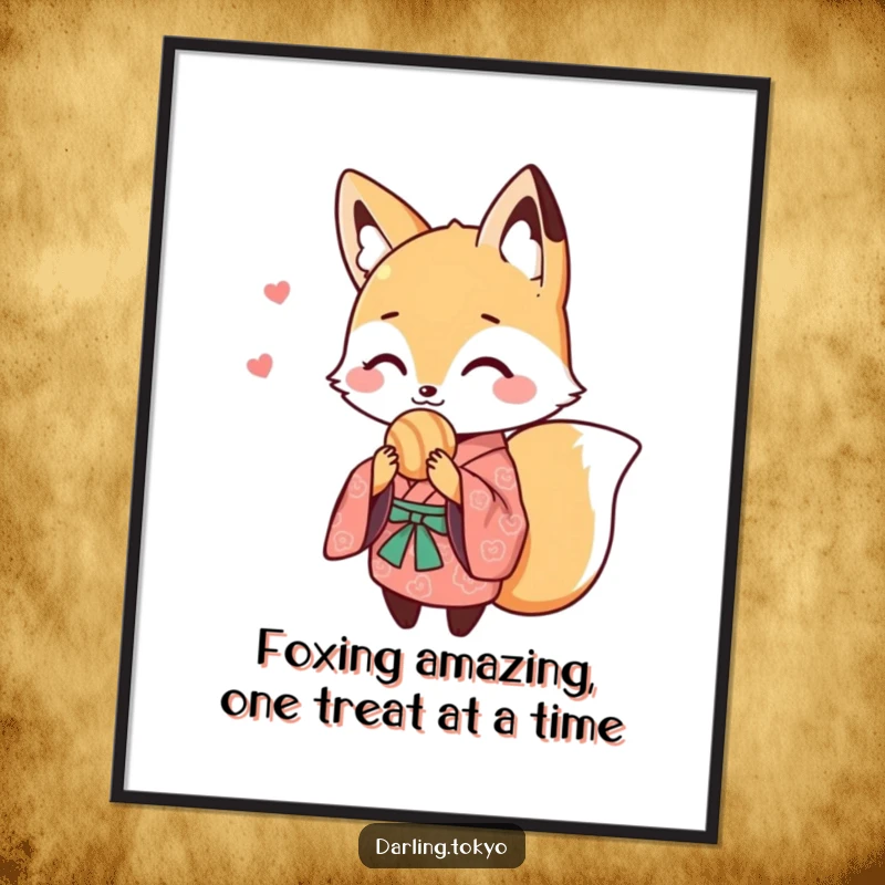 Funny Free Printable Wall Art: Cute fox in a patterned kimono joyfully sharing a delicious sweet treat, whimsical decor.