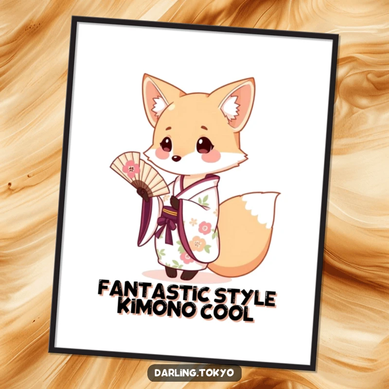 Funny Free Printable Wall Art: Cute fox in floral kimono gracefully offers a tiny fan, a charming scene.