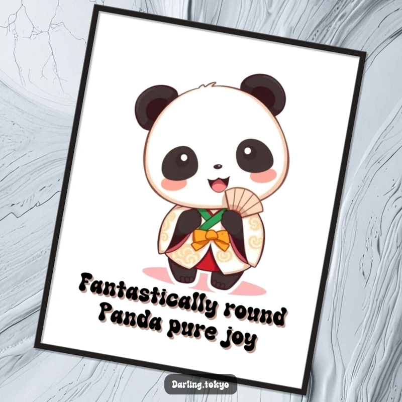 Funny Free Printable Wall Art: Round panda in festive kimono beams happily holding a fan, pure joy.