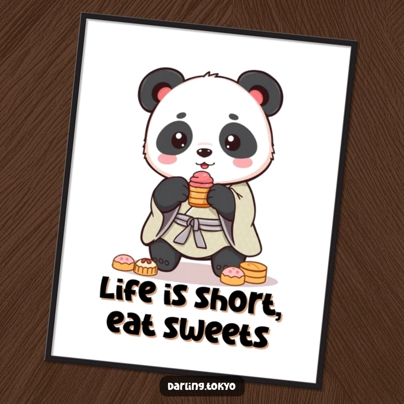 Funny Free Printable Wall Art: A cute panda in a kimono attempts to balance a small stack of yummy sweets.
