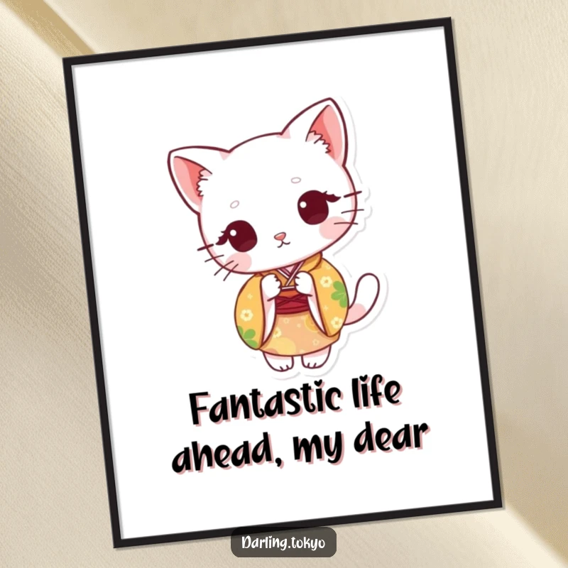 Funny Free Printable Wall Art: Cute cat in a colorful kimono, peeking playfully from behind a paper fan.