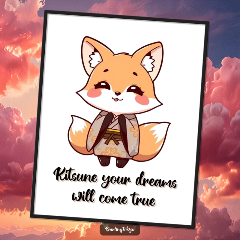 Funny Free Printable Wall Art: Playful fox in a patterned kimono, bowing with a warm smile.