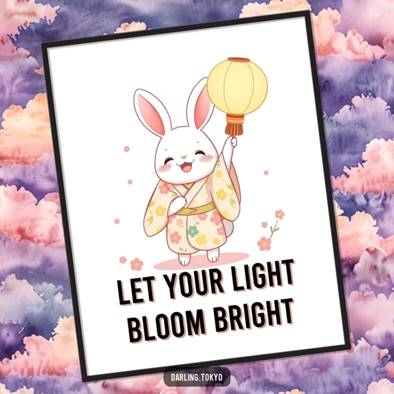 Funny Free Printable Rabbit Wall Art, a character in a floral kimono joyfully holding up a paper lantern, adding whimsical and festive humor to any space.