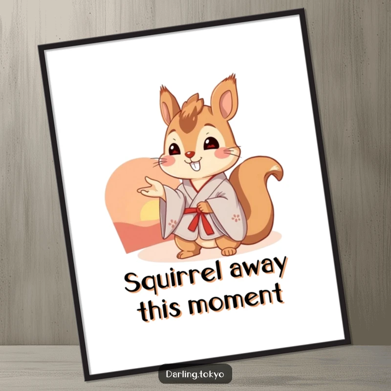 Funny Free Printable Wall Art: A cheerful squirrel in a kimono gestures towards a beautiful, vibrant sunset.