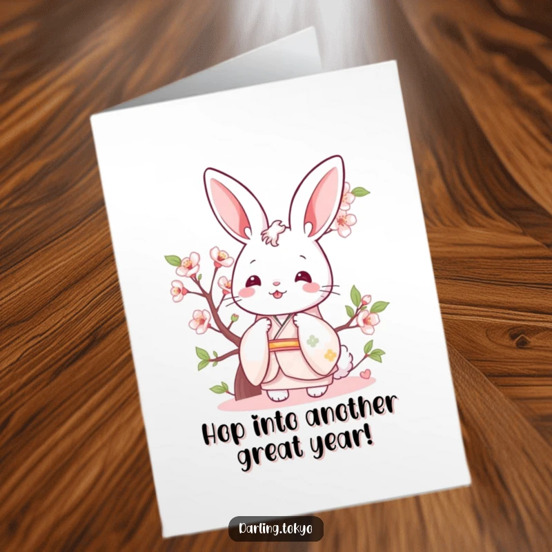 Funny Free Printable Birthday Card: Cheerful bunny in pastel kimono peeking playfully from cherry blossom.