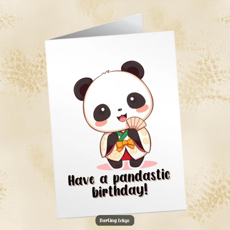 Funny Free Printable Birthday Card: Round panda in festive kimono beams happily holding a fan.