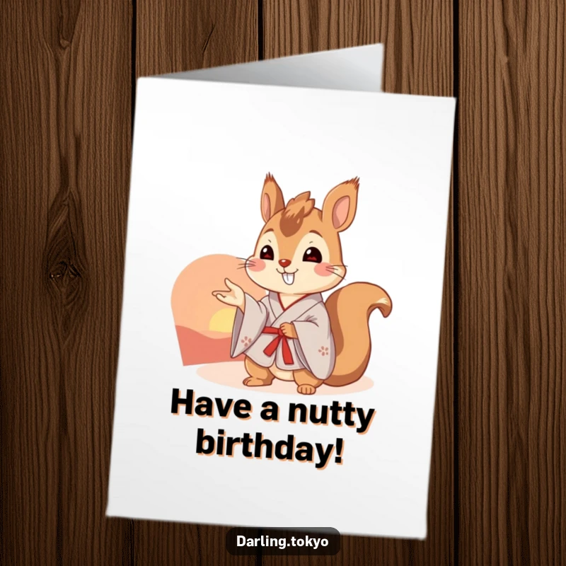 Funny Free Printable Birthday Card: Cheerful squirrel in a kimono points to a beautiful sunset.