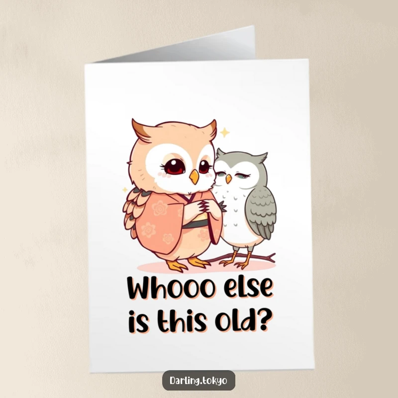 Funny Free Printable Birthday Card: Little owl in kimono shares a secret with another owl about the birthday.