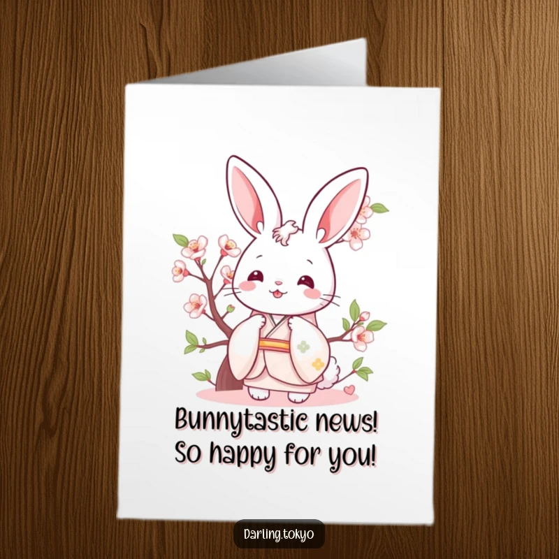 Funny Free Printable Congratulations Card: Cheerful bunny in pastel kimono peeking behind cherry blossom.