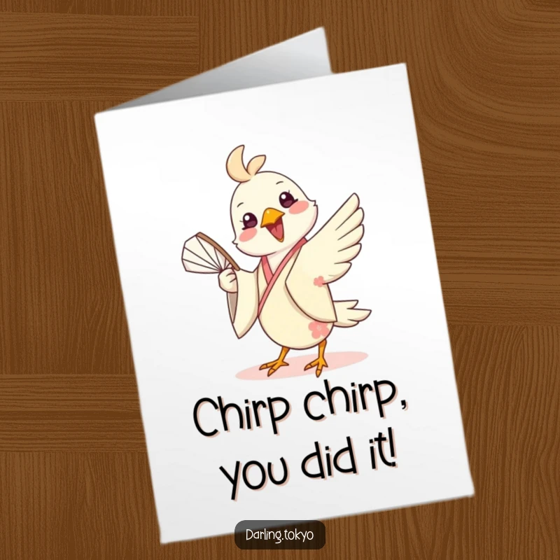 Funny Free Printable Congratulations Card: Happy bird in a silk kimono expertly twirls a fan, celebrating success.