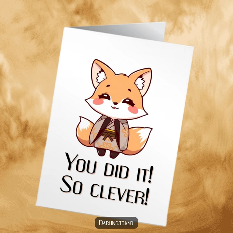 Funny Free Printable Congratulations Card: Fox in elegant kimono bowing playfully, celebrating an achievement.