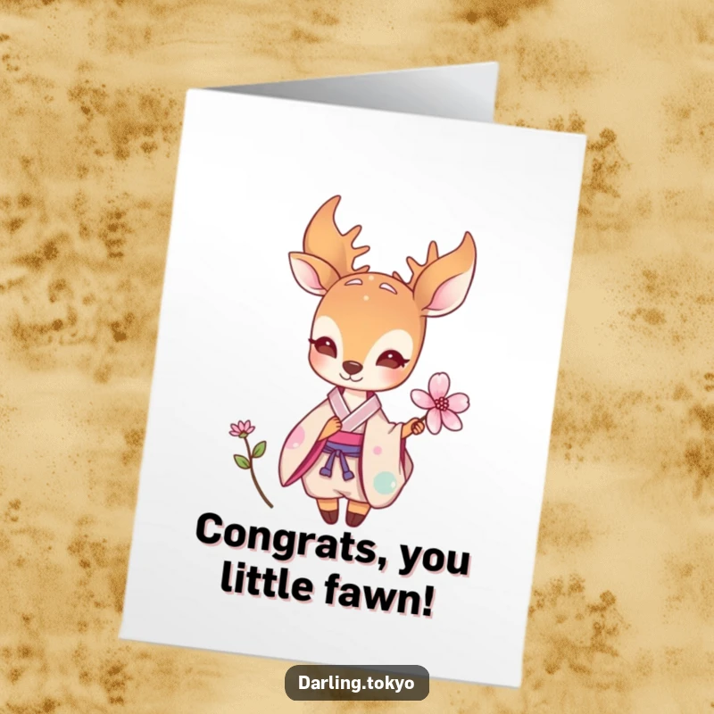 Funny Free Printable Congratulations Card: Sweet deer in a pastel kimono presents a beautiful flower, conveying heartfelt congrats.