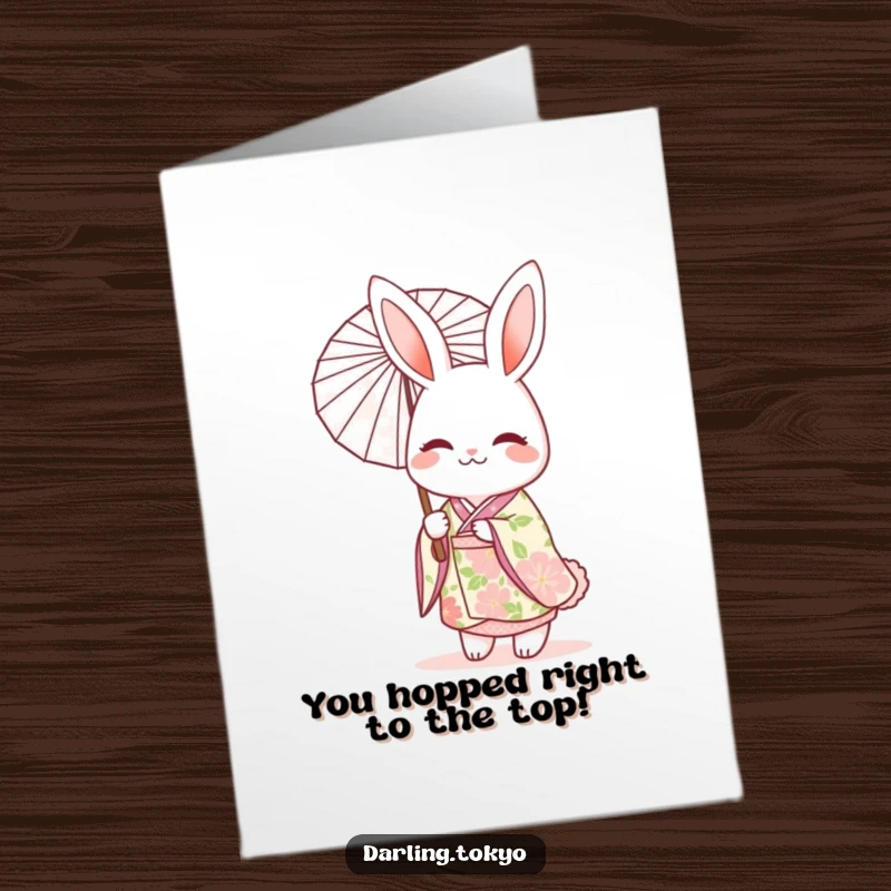 Funny free printable congratulations card showing a rabbit in a floral kimono holding a delicate parasol.