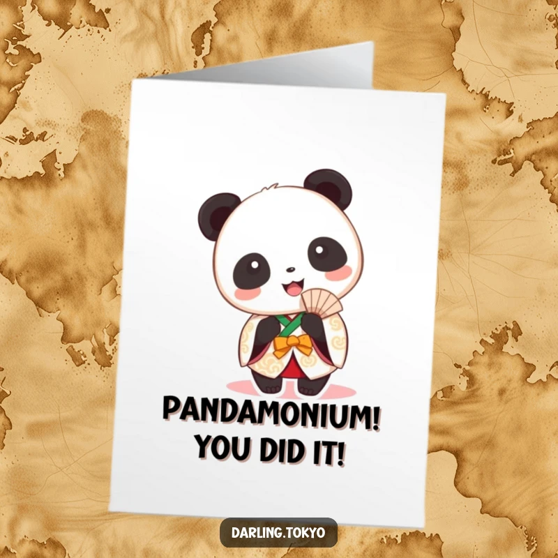 Funny Free Printable Congratulations Card: Round panda in festive kimono beams happily holding a fan.