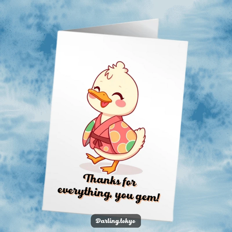 Funny Free Printable Thank You Card: Playful duck in a vibrant kimono waddling happily.