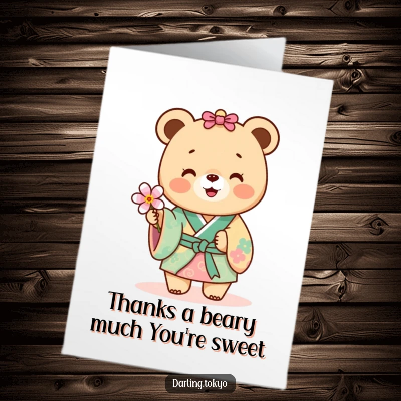 Funny Free Printable Thank You Card: Tiny bear in colorful kimono joyfully offers a delicate flower.