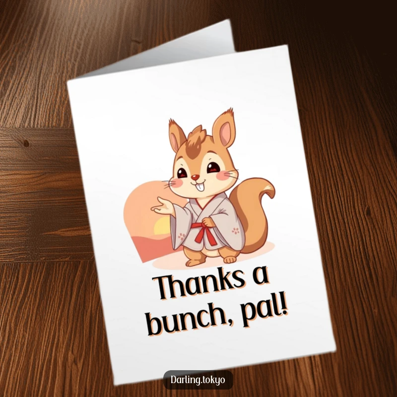 Funny Free Printable Thank You Card: A cheerful squirrel in a kimono points to a beautiful sunset.