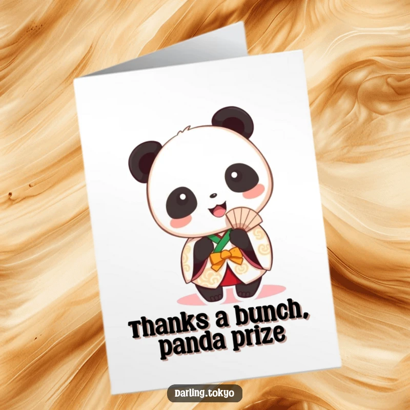 Funny Free Printable Thank You Card: Round panda in festive kimono beams happily holding a fan.
