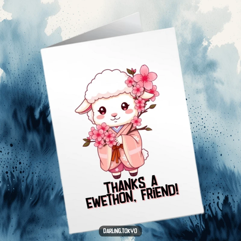 Funny Free Printable Thank You Card: Fluffy sheep in a kimono presents cherry blossoms as a thank you.
