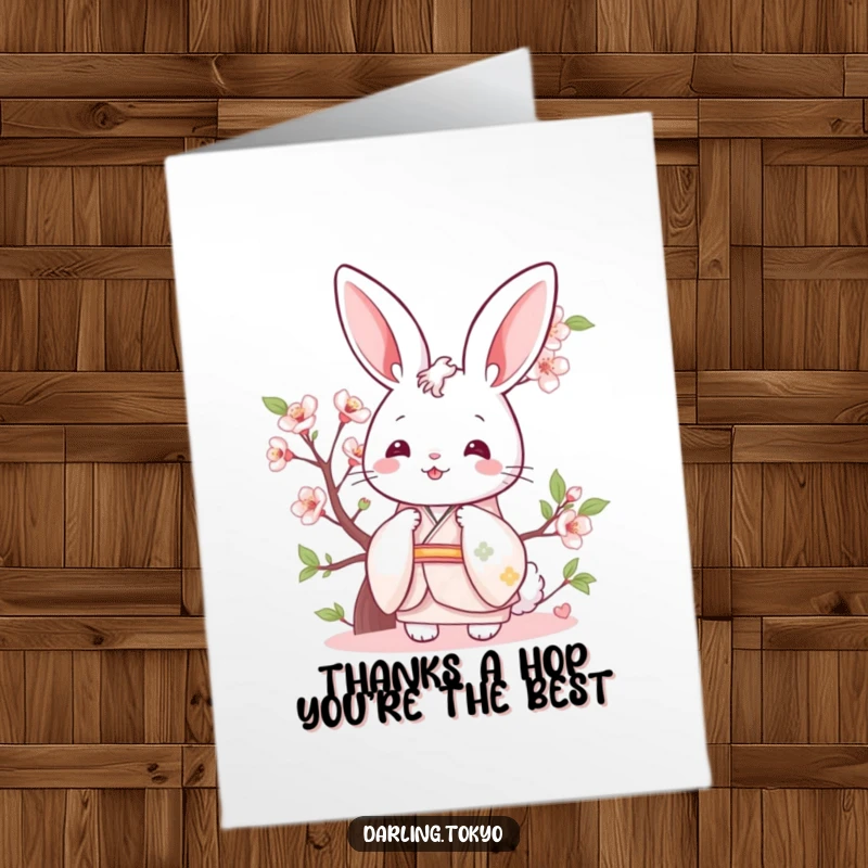 Funny Free Printable Thank You Card: Cheerful bunny in pastel kimono peeking from cherry blossom.