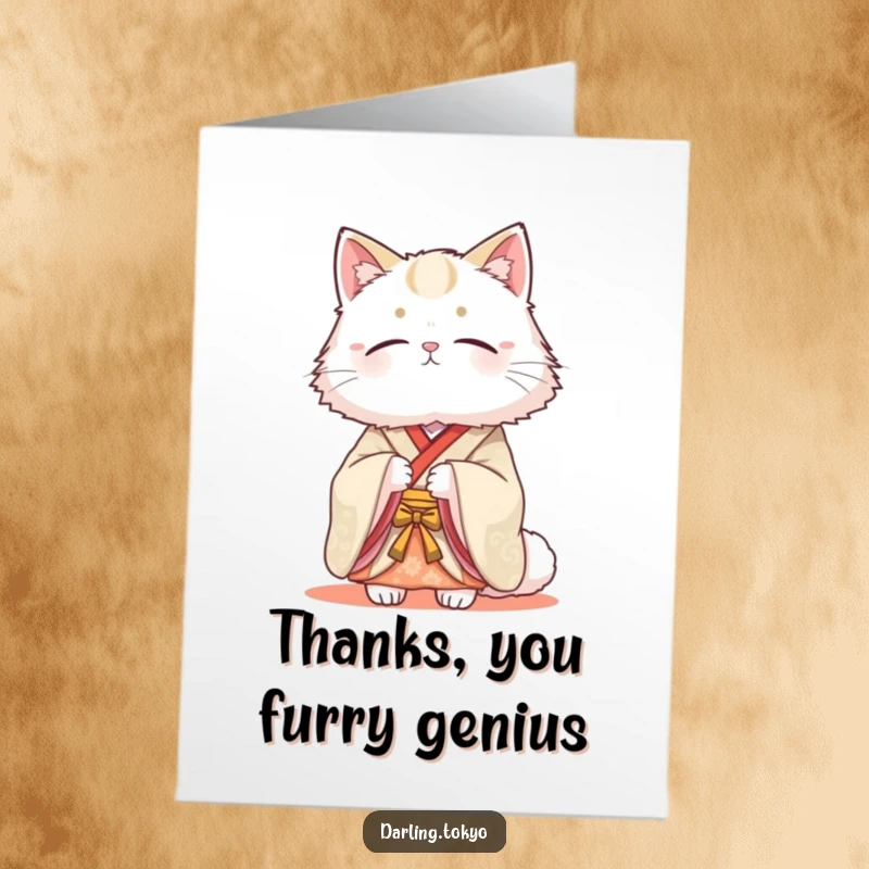 Funny Free Printable Thank You Card: Beautiful fluffy cat in a kimono looking serene, a classy thank you.