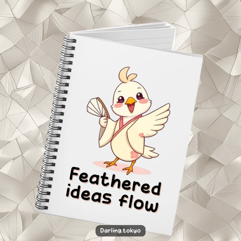 Funny notebook with a cheerful bird in a silk kimono playfully twirling a fan, ideal for capturing ideas with vibrant, humorous flair.