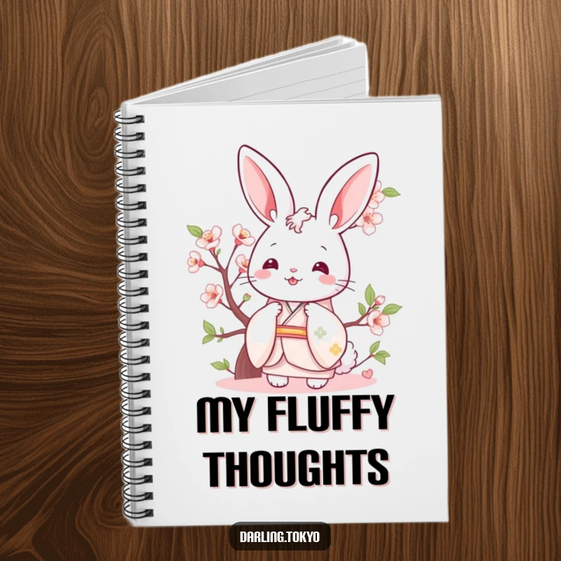 Funny bunny in a pastel kimono peeking from behind a cherry blossom, a cute notebook.