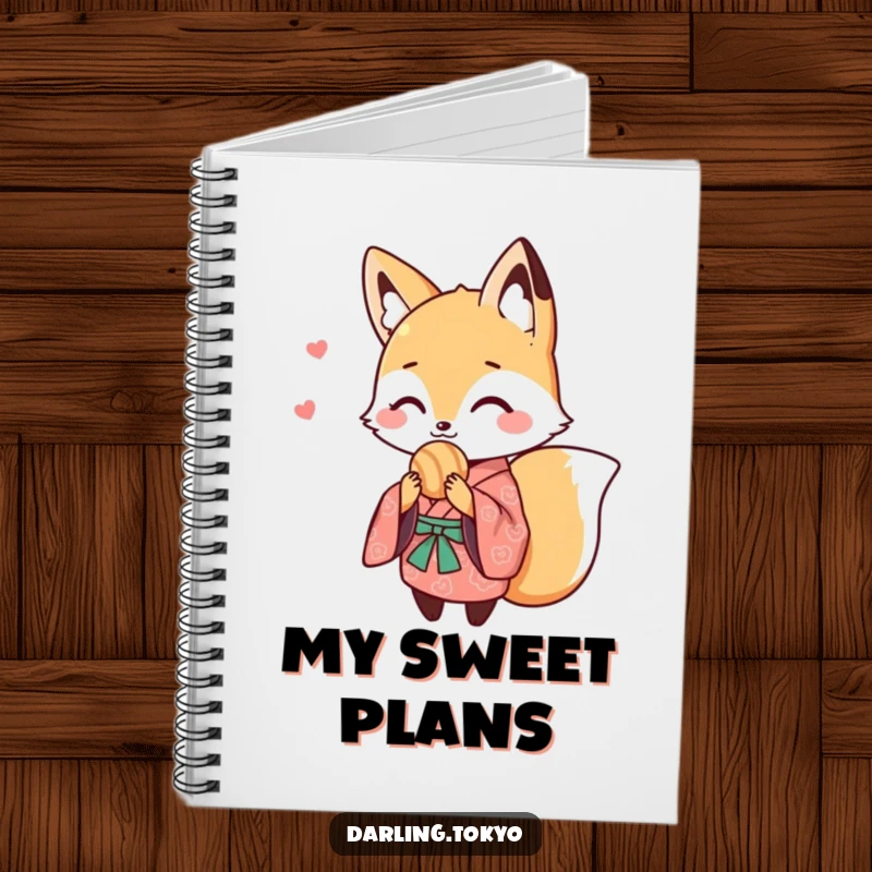 Funny notebook with a cute fox in a patterned kimono sharing a sweet treat, ideal for jotting down ideas with a touch of cute humor.
