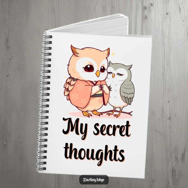 Funny owls in kimonos whisper secrets on the cover of this mysterious and amusing notebook.