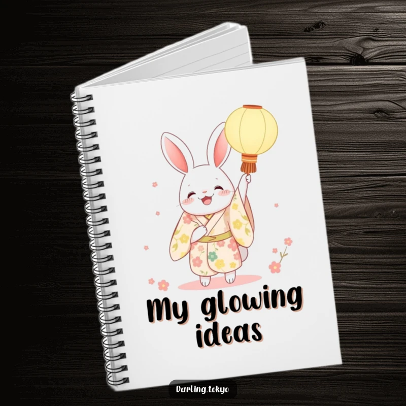 Funny rabbit kimono notebook with a character joyfully holding a paper lantern, perfect for jotting down notes with festive charm and elegance.