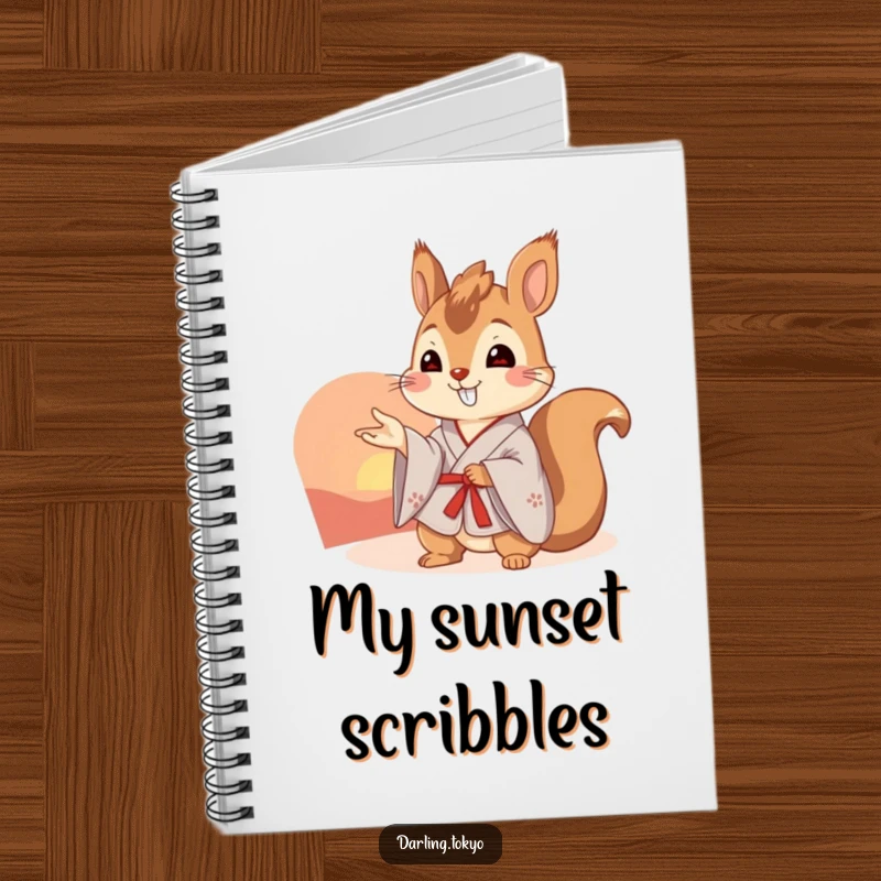Funny squirrel in a kimono observes a stunning sunset on the cover of this inspiring and funny notebook.