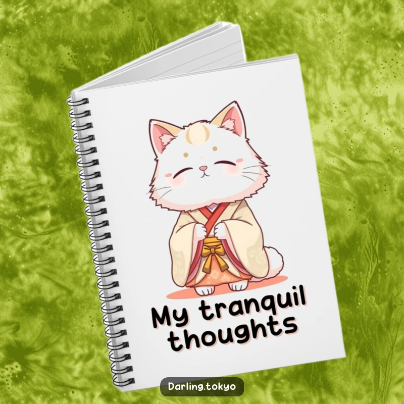 Funny notebook with a fluffy cat in a traditional kimono looking serenely beautiful, ideal for journaling with a touch of elegant humor.