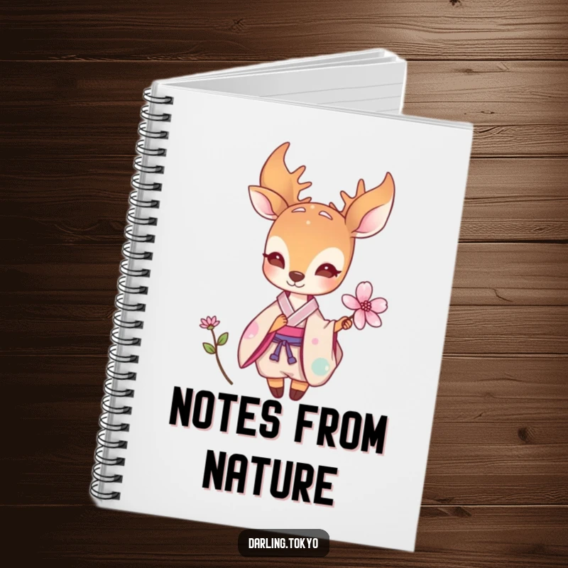 Funny notebook with a small deer in a pastel kimono offering a delicate flower, ideal for journaling with a touch of serene humor.