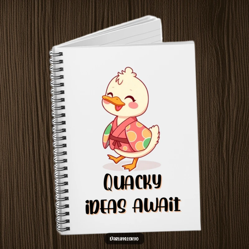 Funny notebook with a playful duck character in a vibrant kimono, waddling cheerfully, for writing and notes.