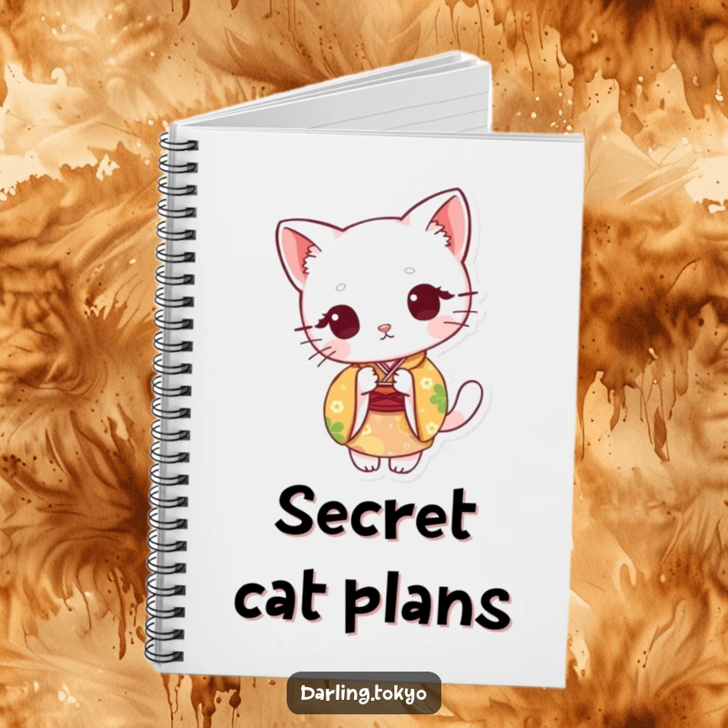 Funny notebook with a cute cat in a colorful kimono, peeking from behind a paper fan, for writing and notes.