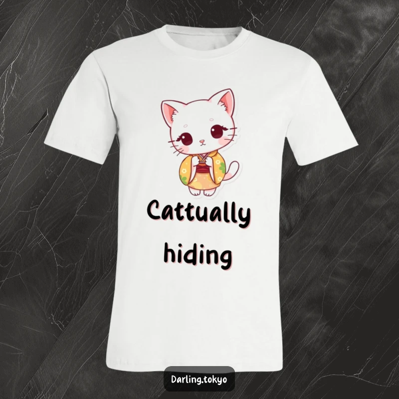 Funny t-shirt with a cute cat in a colorful kimono, peeking mischievously from behind a paper fan.