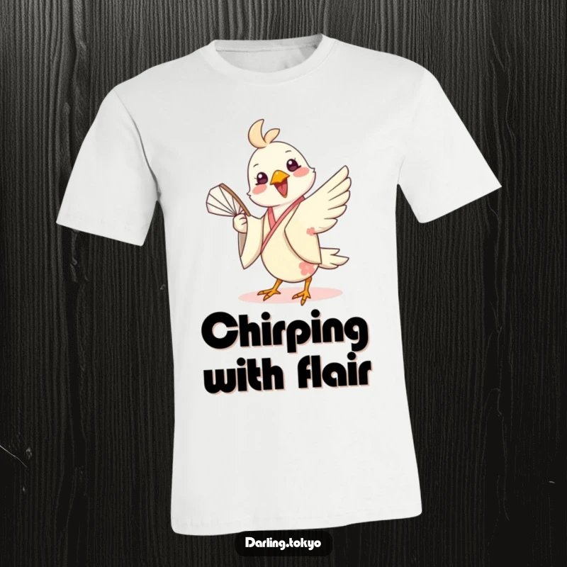 Funny t-shirt with a cheerful bird in a silk kimono playfully twirling a fan, conveying vibrant energy and lighthearted humor.