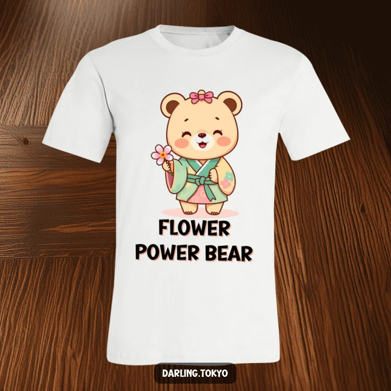 Funny bear wearing a colorful kimono, joyfully offering a delicate flower on a t-shirt.