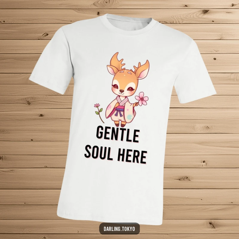 Funny t-shirt featuring a small deer in a pastel kimono offering a delicate flower, conveying natural grace and understated humor.