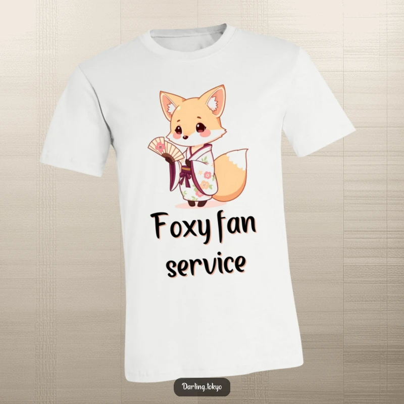 Funny fox wearing a floral kimono, elegantly presenting a small fan, showcasing humor on a soft t-shirt.