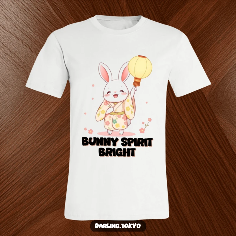 Funny rabbit t-shirt with a character in a floral kimono joyfully presenting a paper lantern, embodying celebration and whimsical charm.