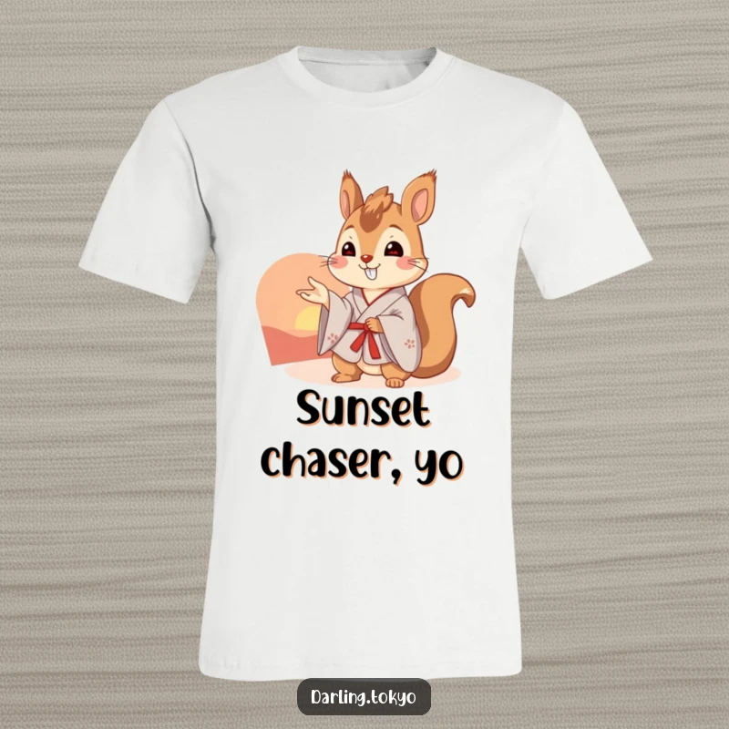 Funny squirrel wearing a traditional kimono gestures towards a breathtaking sunset on this comfortable and humorous t-shirt.