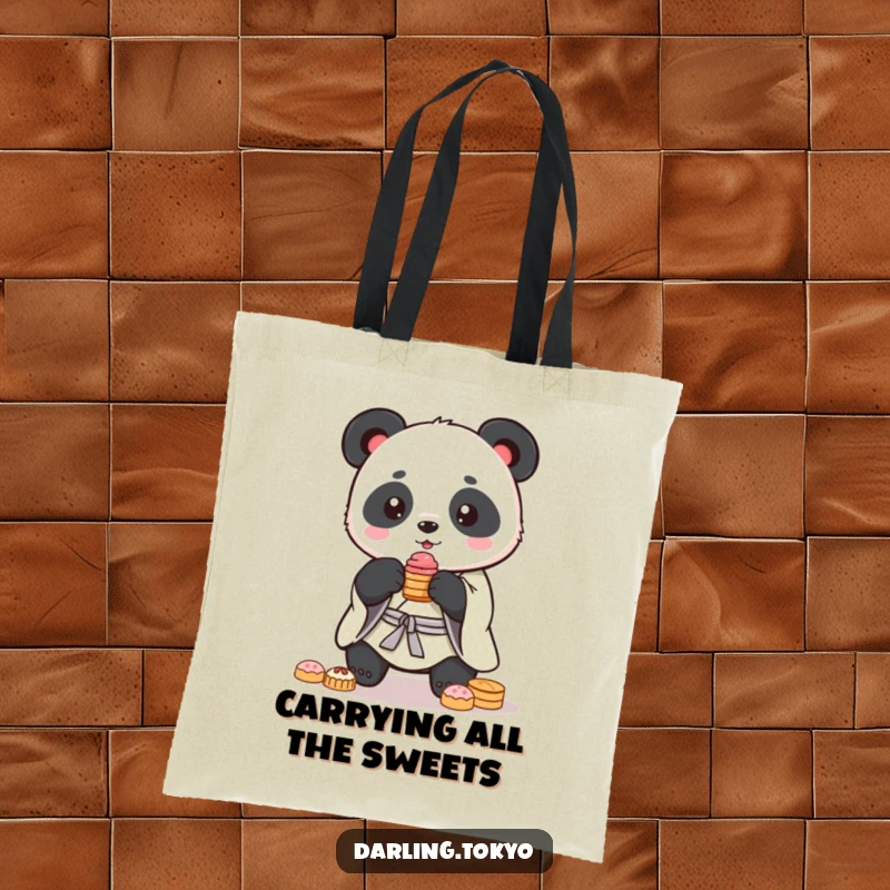 Funny panda wearing a kimono precariously balances a stack of sweets on this charmingly funny tote bag.