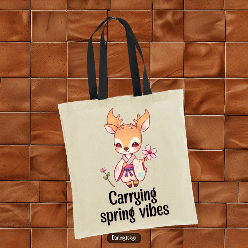 Funny tote bag featuring a small deer in a pastel kimono offering a delicate flower, perfect for stylish and nature-inspired everyday use.