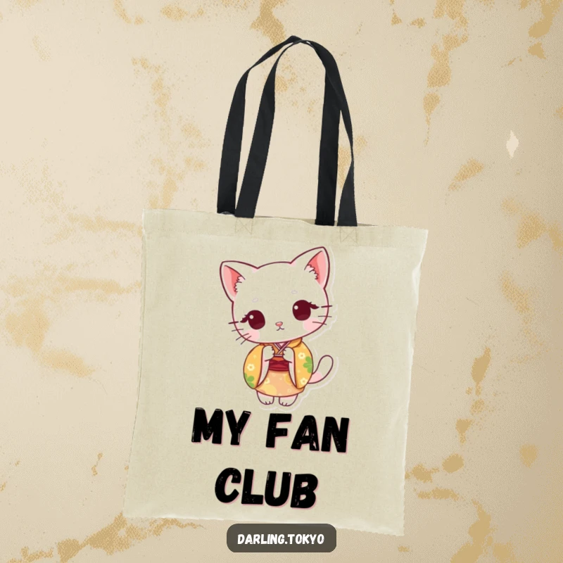 Funny tote bag with a cute cat in a colorful kimono, peeking from behind a paper fan, stylish and playful.